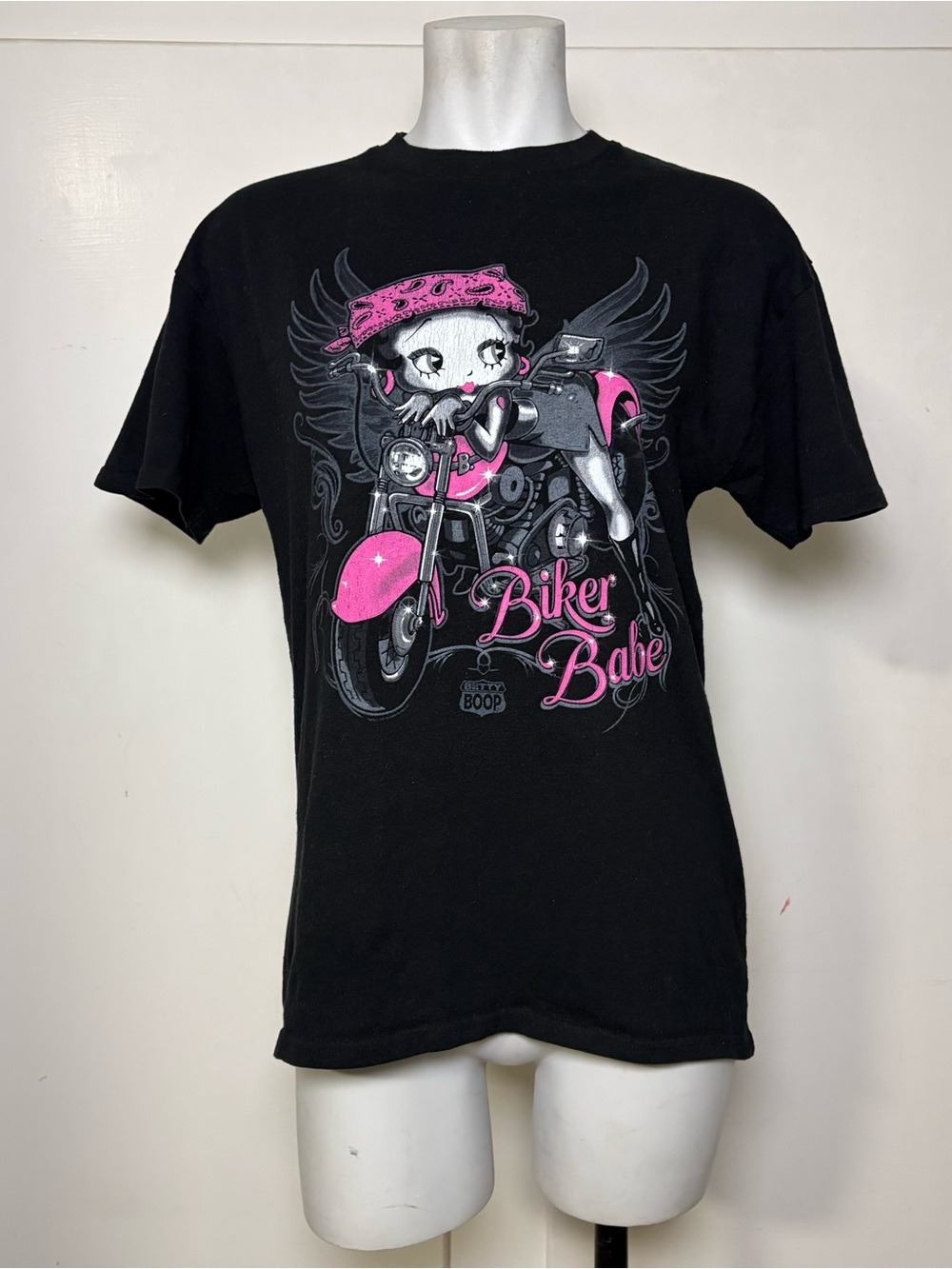 Betty Boop Biker Babe Black and Neon Pink Graphic T Shirt